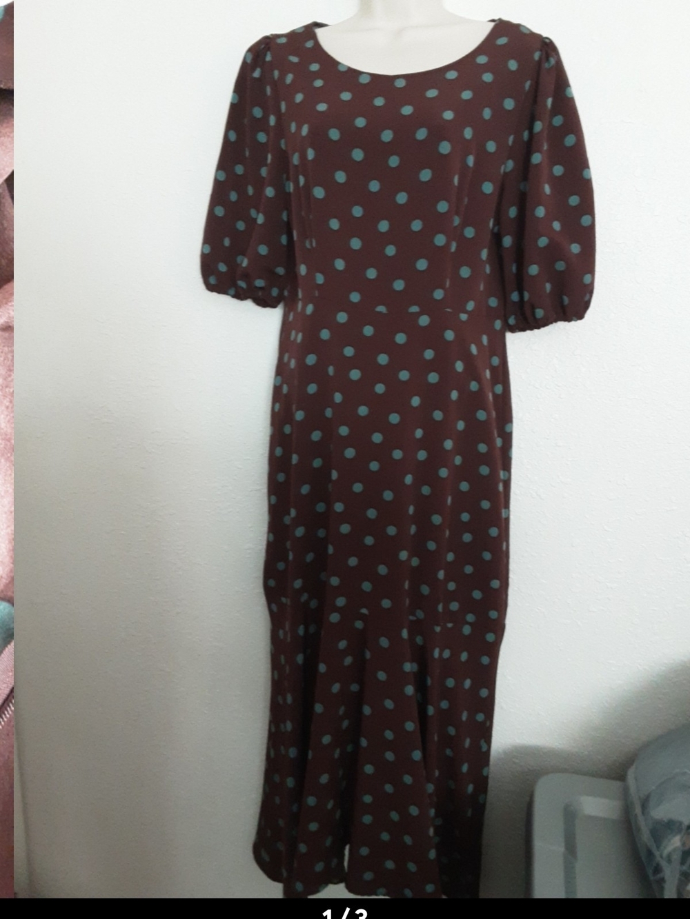 bobeau Brown Midi Dress with Teal Polka Dots